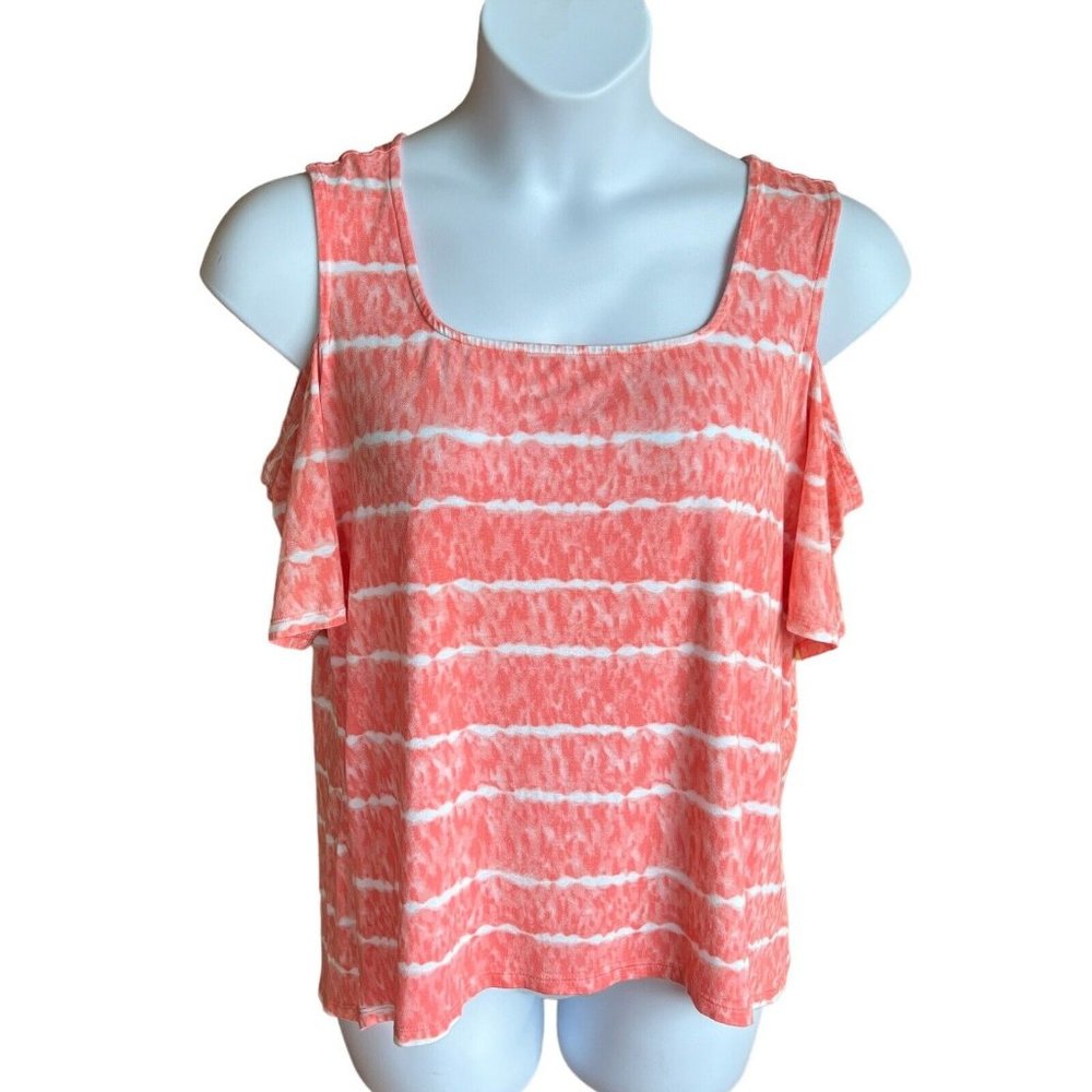 Ellen Tracy Top size XL peach/coral & white Cold Shoulder Short Sleeve blouse